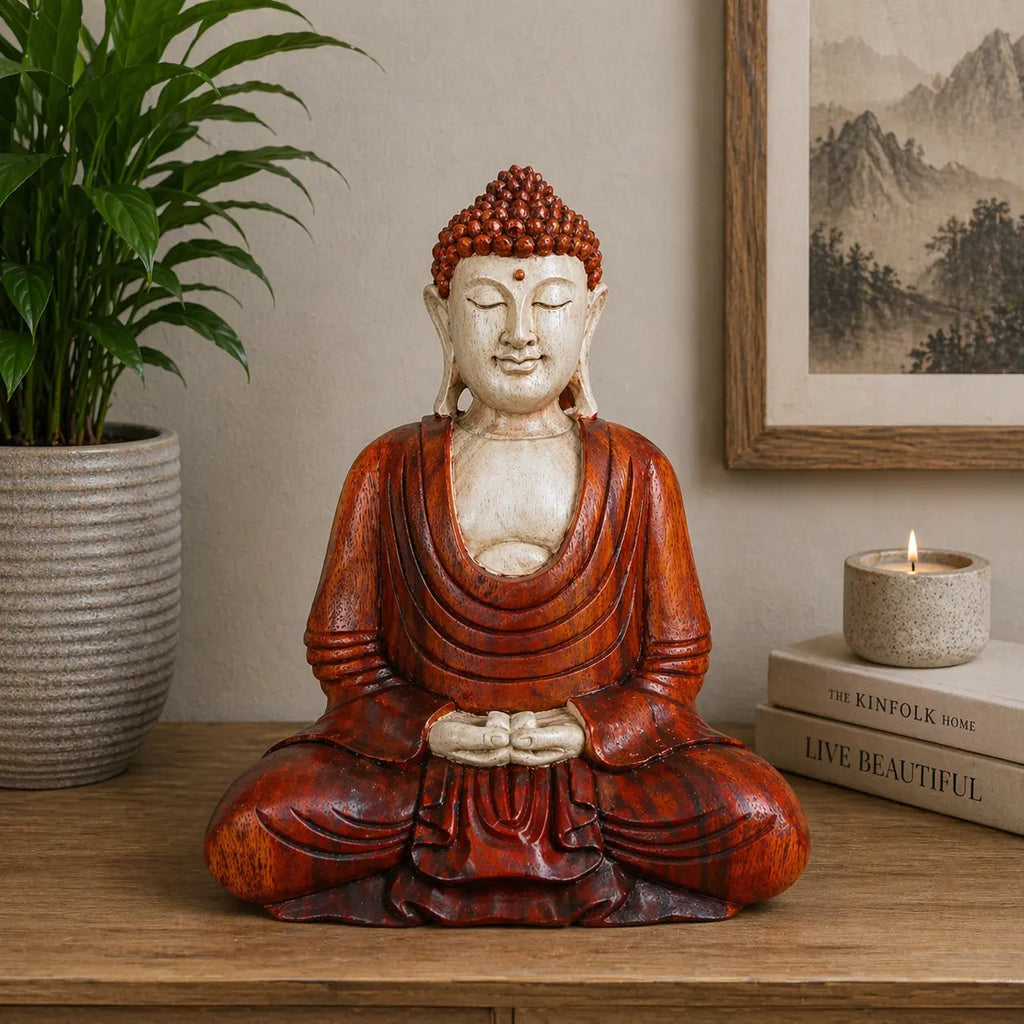 Hand Carved Buddha Statue - 30cm Hand Down seated statue in serene meditation pose, crafted with warm reddish tones, displayed on wooden surface with natural decor accents.