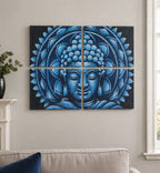 Set of 4 Blue Buddha Mandala Brocade Detail 30x40cm wall art featuring a serene Buddha face in blue tones with intricate mandala patterns, perfect for calming Buddha decor.