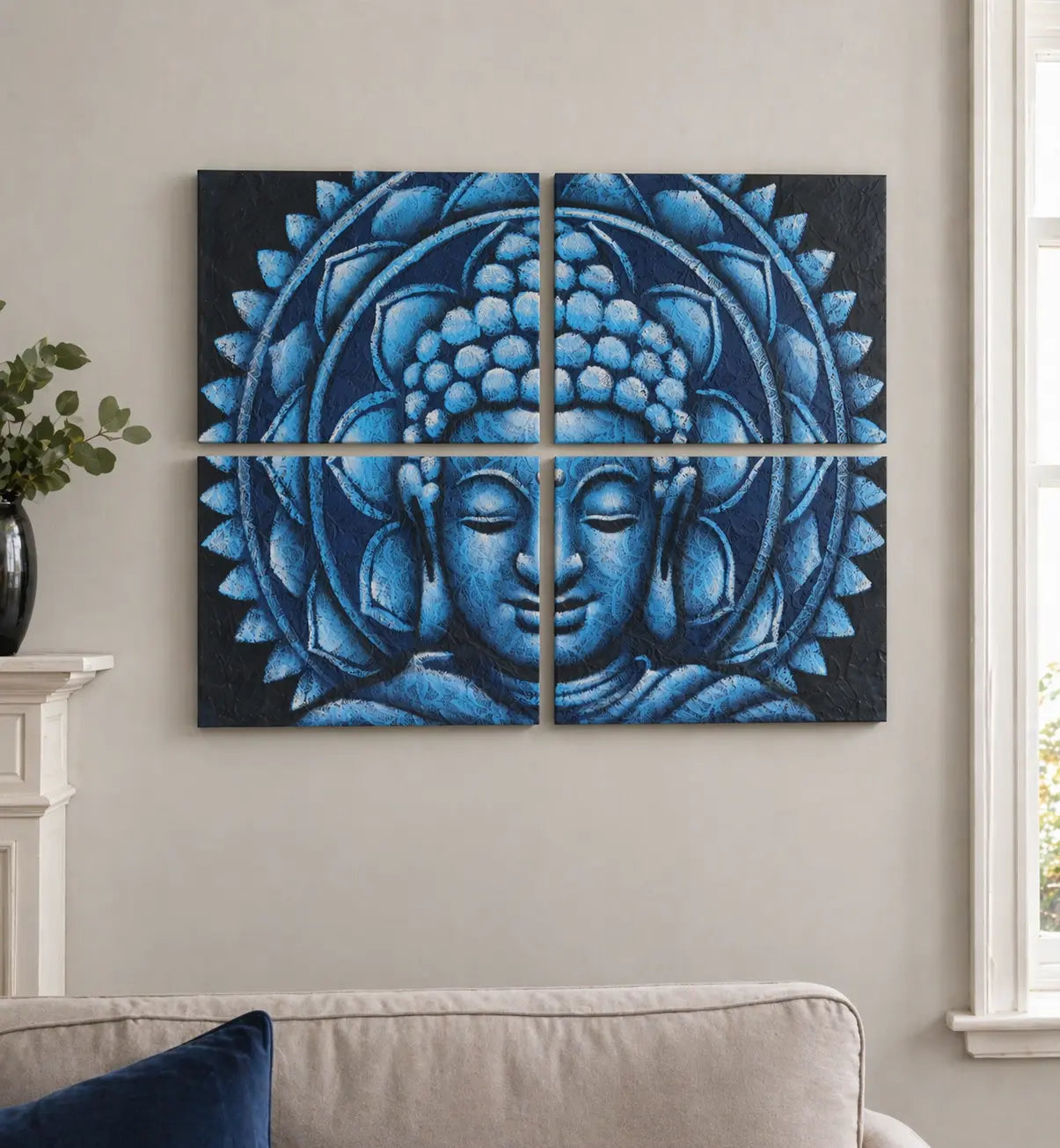 Set of 4 Blue Buddha Mandala Brocade Detail 30x40cm wall art panels featuring a serene blue Buddha face with intricate mandala and brocade texture, enhancing peaceful home decor.