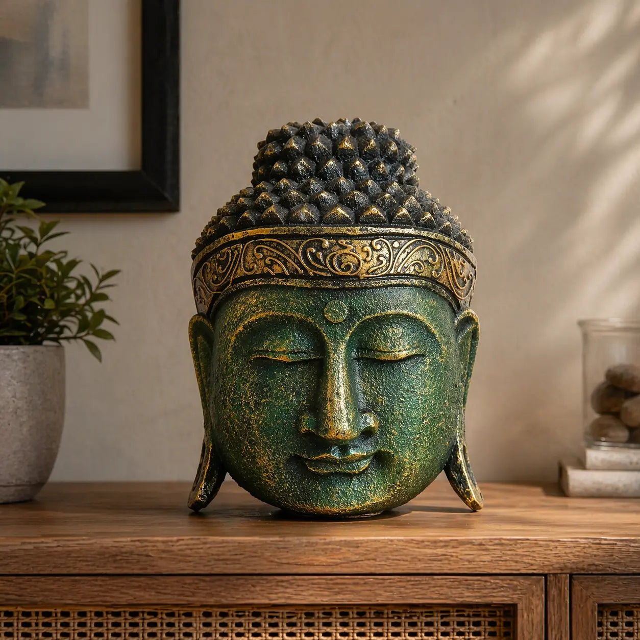 Home Decoration Buddha Head - 25cm - Green Shine Finish displayed on a wooden surface, featuring detailed ornamental patterns and a serene expression, ideal for Buddha decor.