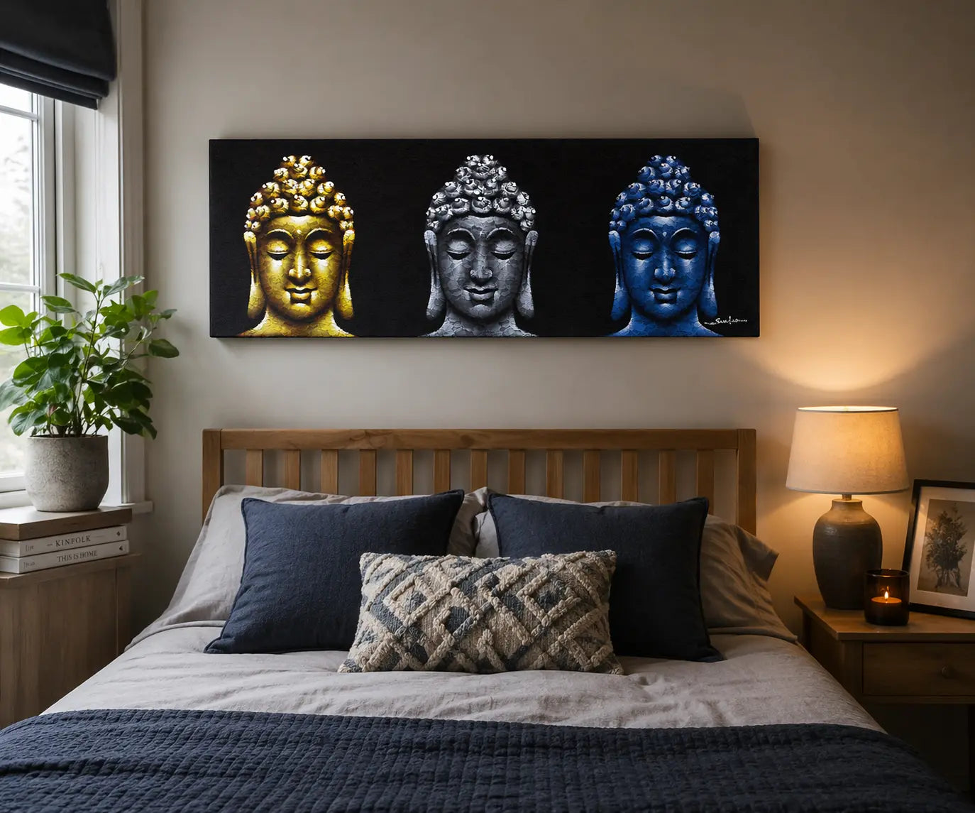 Buddha Painting - Three Heads Black featuring three Buddha heads in gold, silver, and blue tones on a black background, displayed above a cozy wooden bed setting.