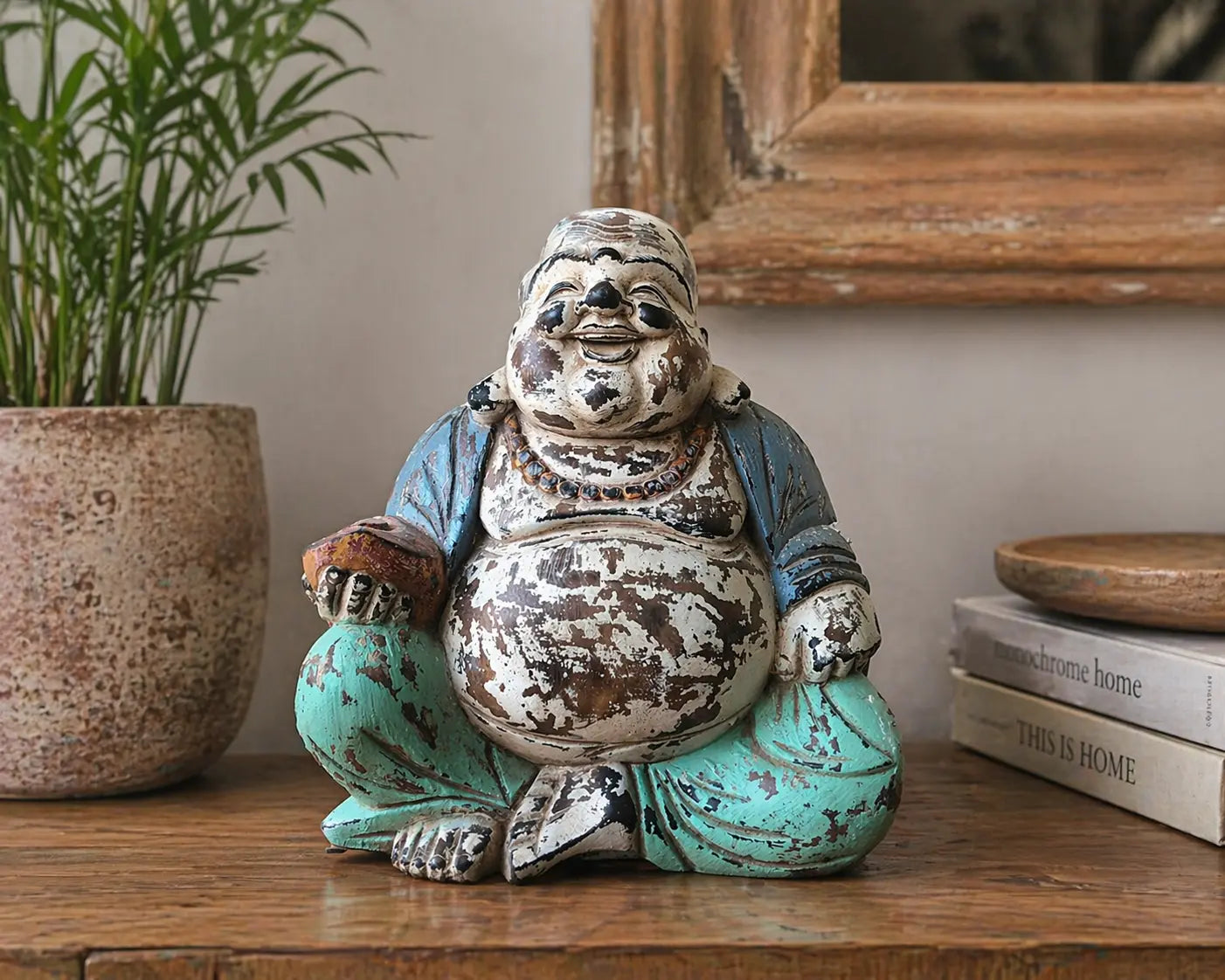 Vintage Blue Mint Hand Carved Buddha Statue - 30cm - Happy Buddha sitting cross-legged with a distressed finish in blue and mint tones, displayed as decorative Buddha decor.
