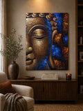 Buddha Painting - Copper Face featuring a serene, textured Buddha face in copper tones with vibrant blue and orange accents, displayed in a warm, stylish living room setting.
