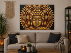 Set of 4 Gold Buddha Mandala Brocade Detail 30x40cm displayed as a four-panel wall hanging above a neutral sofa in a cozy living room with Buddha decor accents.