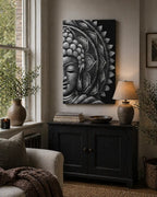 Grey Half Buddha Mandala 60x80cm wall hanging in a serene living room setting above a black cabinet with neutral decor and soft lighting.