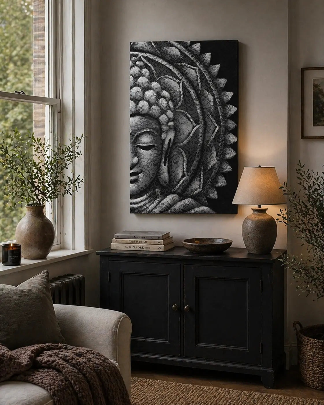 Artistic wall hanging featuring a serene Buddha face in a grey mandala design, titled Grey Half Buddha Mandala 60x80cm, displayed in a cozy living space with rustic decor.