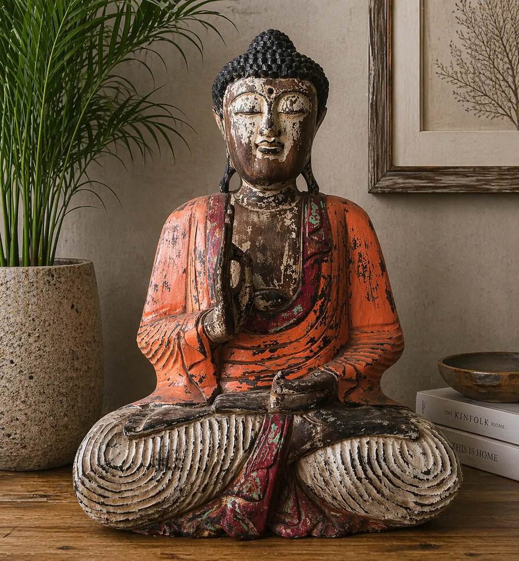 Vintage Orange Hand Carved Buddha Statue - 60cm - Teaching Transmission with a distressed finish, seated in meditation pose, placed on a wooden surface beside books and a plant.