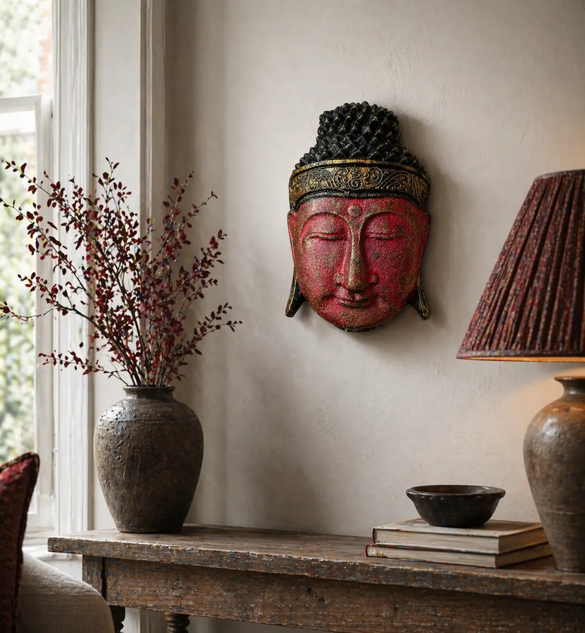 Home Decoration Buddha Head - 25cm - Red Shine Finish mounted on a neutral wall above a rustic wooden table with decorative vase, books, bowl, and lamp creating a serene living space.
