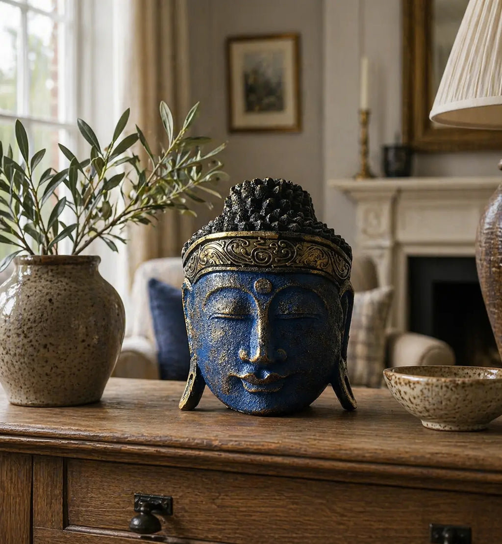 Home Decoration Buddha Head - 25cm - Blue Shine Finish displayed on a wooden surface, surrounded by ceramic vases and decorative home accessories in a cozy living room setting.