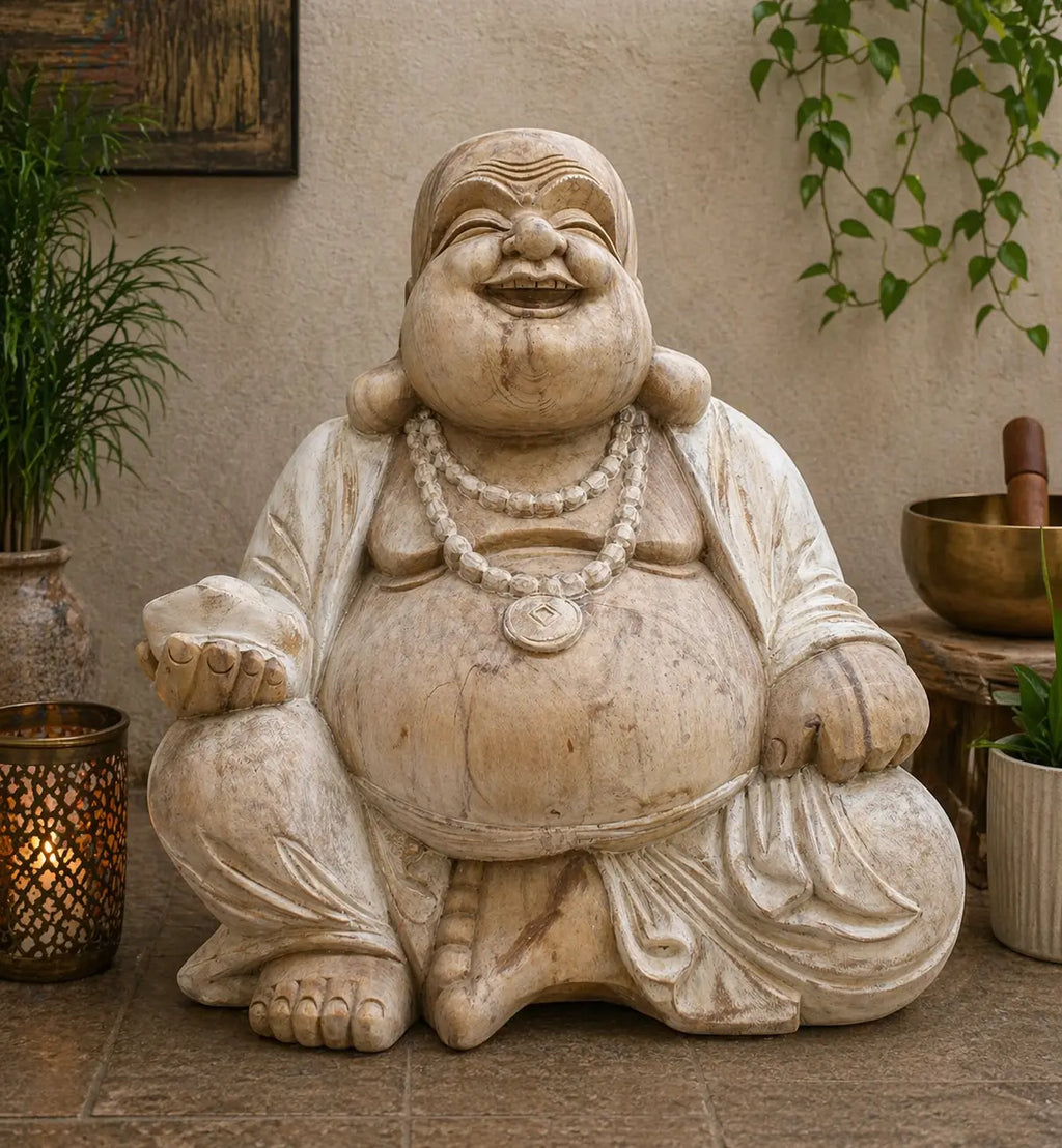Hand-carved Happy Buddha - Whitewash 50cm statue in a serene garden setting, featuring detailed texture and a joyful expression, ideal for Buddha decor and spiritual spaces.