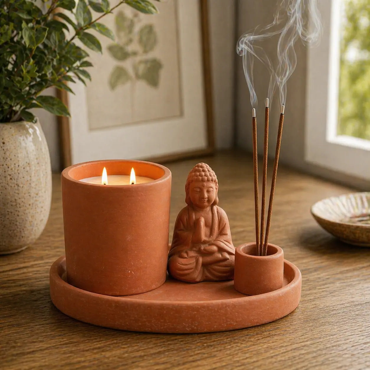 Multi Purpose Buddha Incense Plate - Natural Terracotta Style featuring a terracotta Buddha statue, incense holder with burning sticks, and a lit candle on a matching plate.