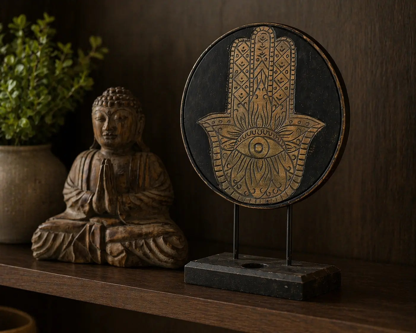 Buddha Feng Shui Set - Hamsa - Grey featuring a hand-carved Buddha statue seated in meditation next to a decorative grey Hamsa hand symbol on a wooden stand.