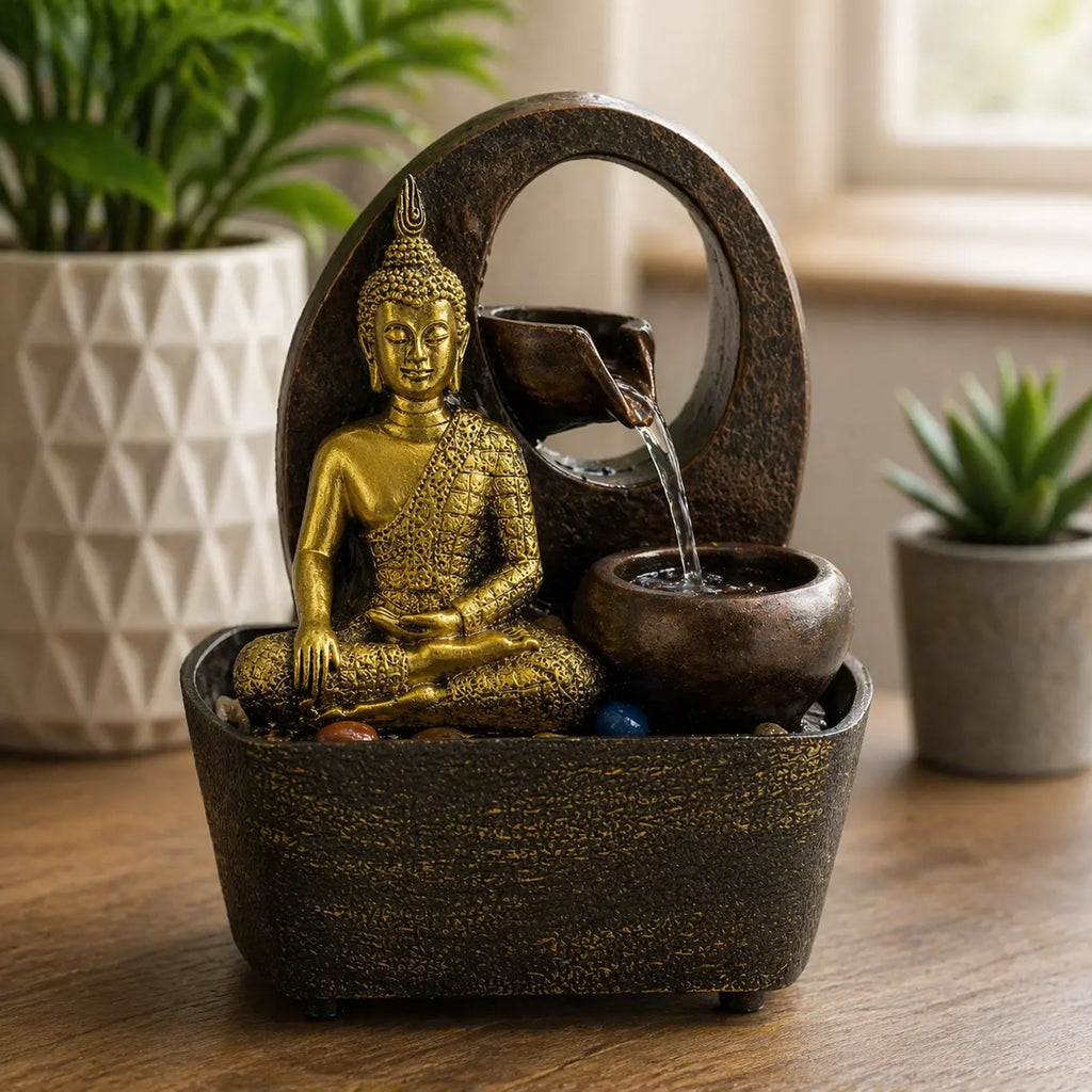 Tabletop Water Feature - 21.5cm - Golden Buddha & Pots showing a golden Buddha statue seated beside cascading water flowing from a small pot into another on a textured base, with plants in the background.