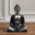 Black & Grey Buddha - Medium hand carved resin Buddha statue in a meditative pose with detailed hair curls and serene facial expression, perfect for calming decor.