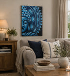 Blue Half Buddha Mandala 60x80cm wall art featuring a serene blue Buddha face with mandala patterns, displayed in a cozy, neutral-toned living room setting.