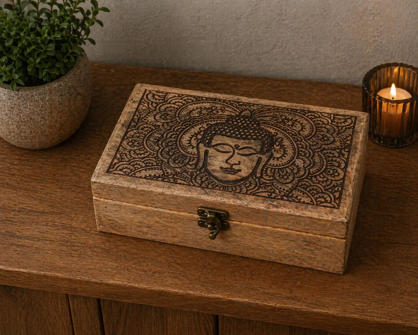 Big Rectangle Box 21.5x14x6.3cm - Buddha Face Black Engraved wooden storage box with intricate Buddha face design, placed on a wooden surface beside a candle and a potted plant.