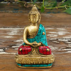 Brass Buddha Figure - Amitabha - 9.5 cm seated statue with detailed turquoise and red stone inlays, showcasing serene expression and ornate craftsmanship for Buddha decor.
