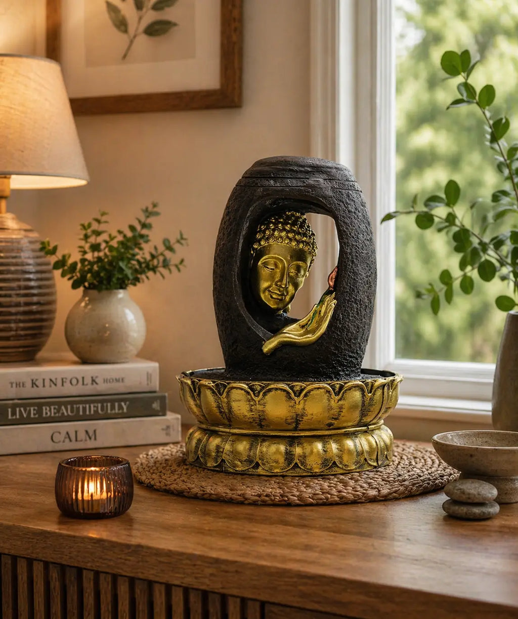 Tabletop Water Feature - 30cm - Golden Buddha & Vitarka Mudra displayed on a wooden surface with a peaceful home decor setting, including a lit candle and green plants.