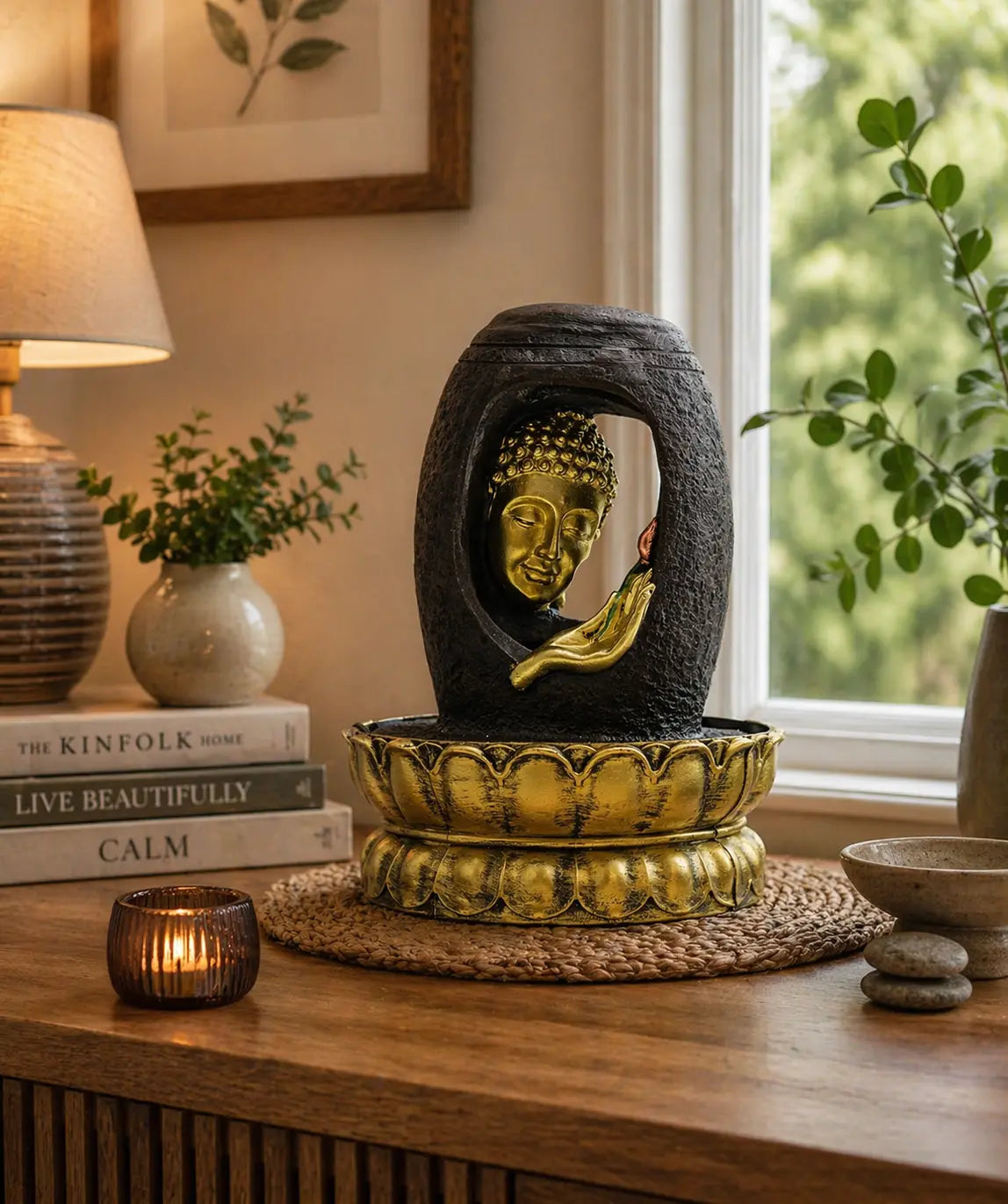 Tabletop Water Feature - 30cm - Golden Buddha & Vitarka Mudra displayed on a wooden surface with a peaceful home decor setting, including a lit candle and green plants.