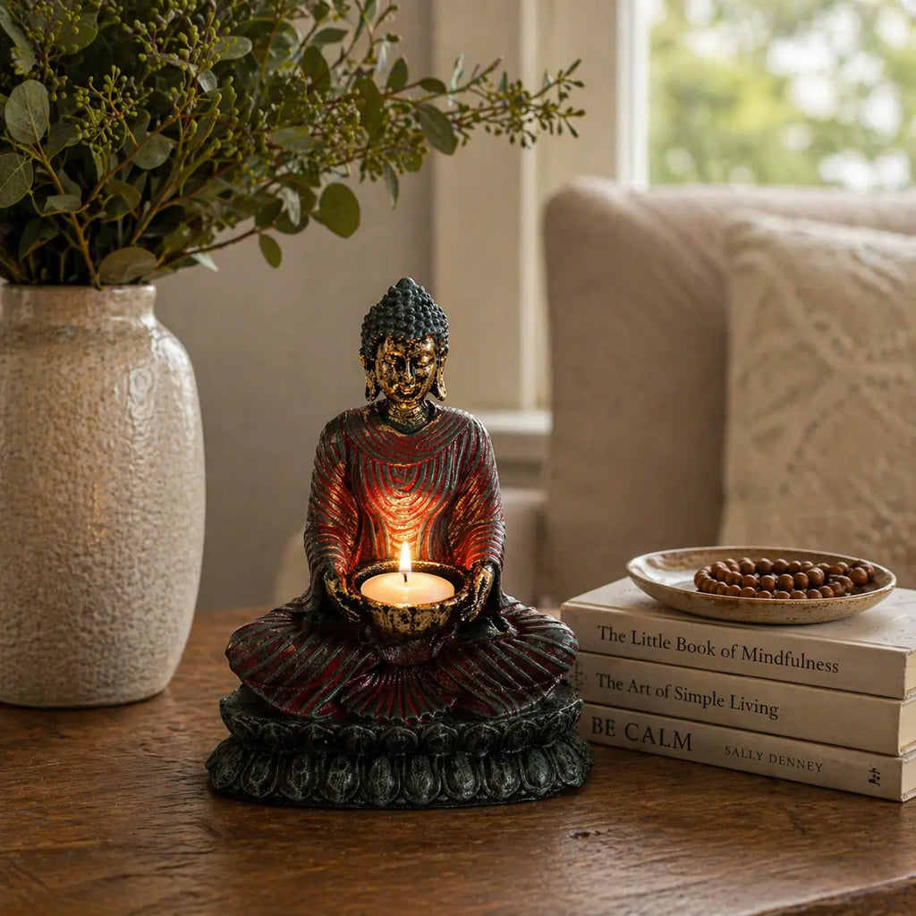 Antique Buddha - Devotee Candle Holder showcasing a serene seated Buddha statue holding a lit candle, placed on a wooden table near books and a textured vase with greenery.