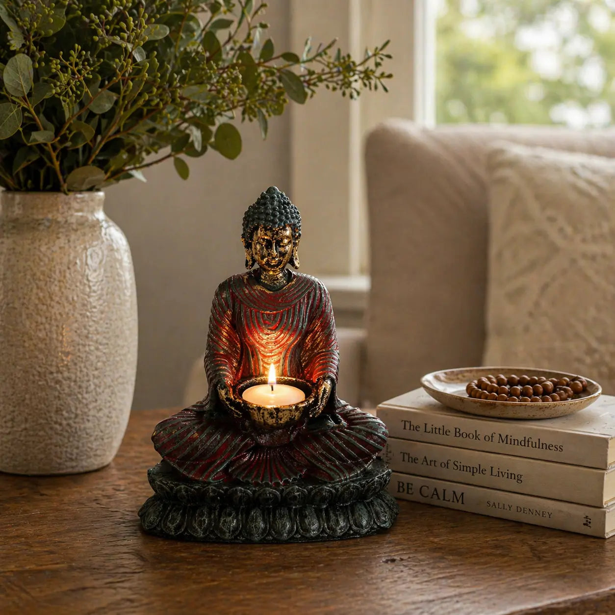 Antique Buddha - Devotee Candle Holder showcasing a serene seated Buddha statue holding a lit candle, placed on a wooden table near books and a textured vase with greenery.