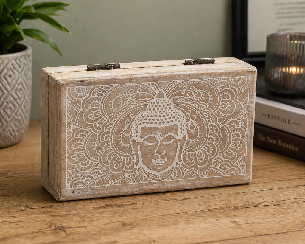 Med Square Box 17x10x4.2cm - Buddha Face Whitewash featuring a hand-carved Buddha face design on a whitewashed wooden rectangular box placed on a wooden surface.