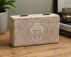 Med Square Box 17x10x4.2cm - Buddha Face Whitewash featuring a hand-carved Buddha face design with intricate patterns on a whitewashed wooden surface, ideal for Buddha decor.