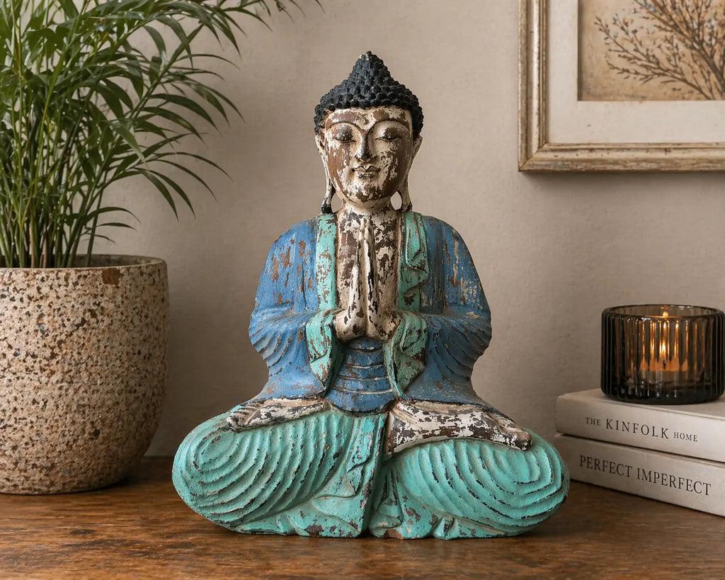 Vintage Blue Mint Hand Carved Buddha Statue - 40cm - Welcome seated in meditation pose with weathered paint finish, placed on a wooden surface with plants and books in the background.