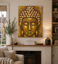 Buddha Painting - Gold Brocade Detail depicting a serene Buddha face with intricate gold brocade patterns, displayed above a cozy living room fireplace with neutral decor.