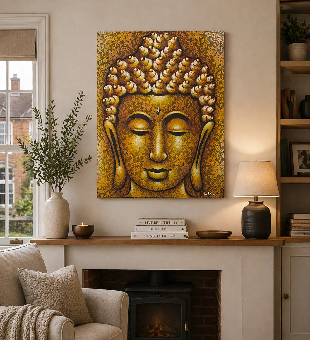 Buddha Painting - Gold Brocade Detail depicting a serene Buddha face with intricate gold brocade patterns, displayed above a cozy living room fireplace with neutral decor.