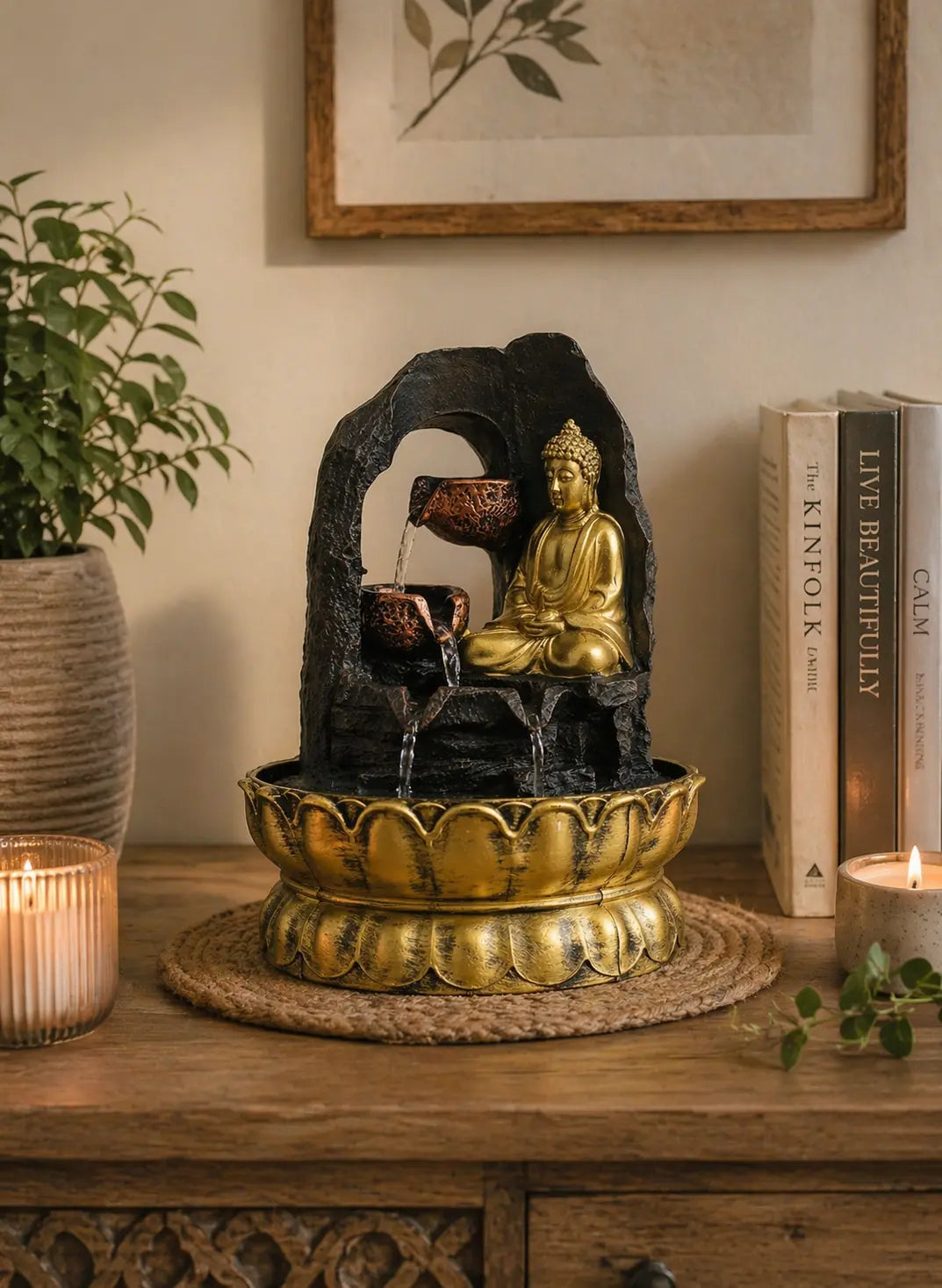 Tabletop Water Feature - 30cm - Golden Meditating Buddha with flowing water in a decorative lotus-shaped base, placed on a wooden surface beside candles and books.