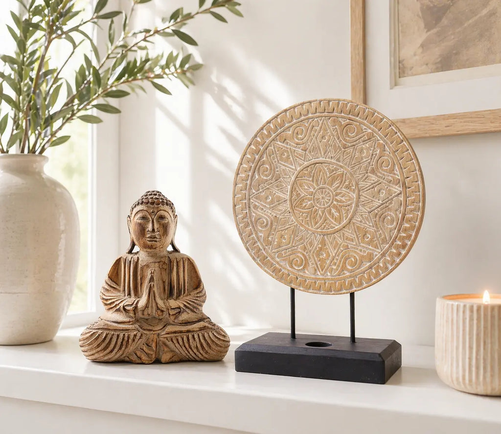 Buddha Feng Shui Set - Classic Mandala - Natural featuring a hand-carved Buddha statue in meditation pose with a detailed mandala sculpture on a stand, styled with a candle and vase.