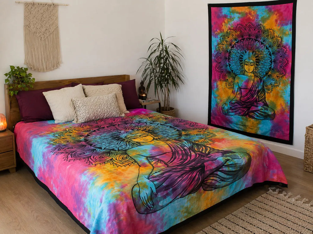 Vibrant room featuring a colorful Double Cotton Bedspread + Wall Hanging - Peaceful Buddha, with a meditative Buddha design in blues, purples, and oranges, enhancing serene decor.