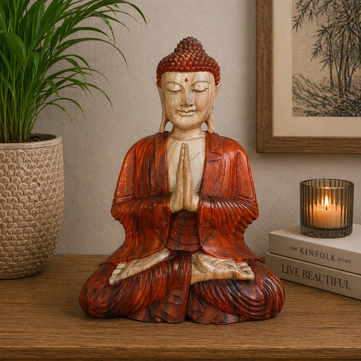 Hand Carved Buddha Statue - 30cm Welcome featuring a serene seated Buddha with hands in prayer, crafted in warm wood tones, displayed on a wooden surface next to a candle and plant.