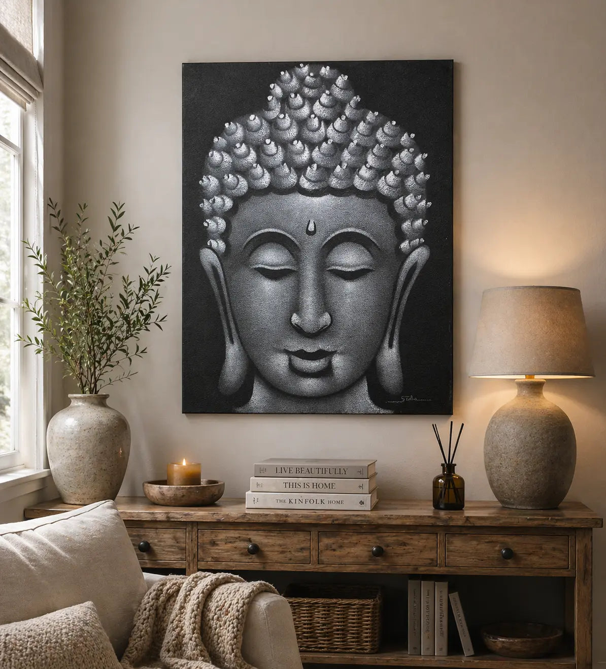 Buddha Painting - Grey Sand Finish displayed on a wall above a wooden console table with decorative items including a lamp, candle, books, and a vase, in a cozy living room setting.