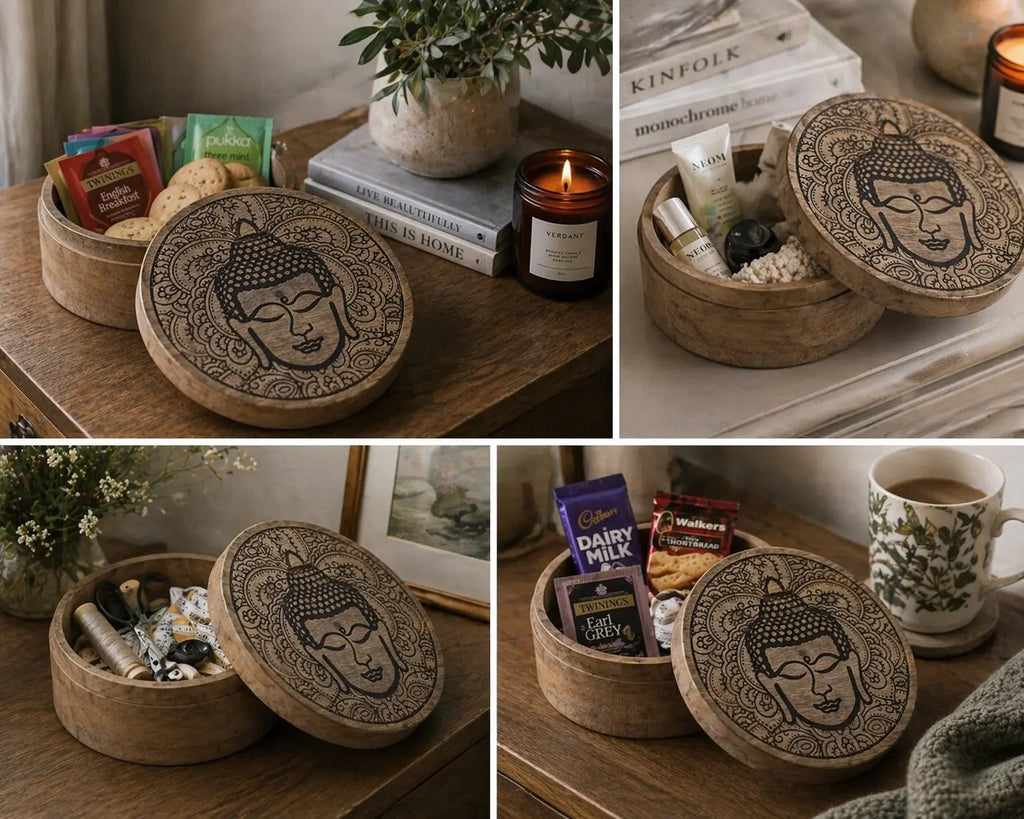 Big Round Box 17.5x7.5cm - Buddha Face Black Engraved featuring a hand-carved Buddha design, ideal for elegant and serene storage of tea, toiletries, or small items on wooden surfaces.