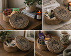 Big Round Box 17.5x7.5cm - Buddha Face Black Engraved wooden storage container with detailed Buddha face engraving, used for organizing tea, skincare, snacks, and small items.