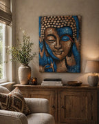 Buddha Painting - Bronze & Blue Flower 75x55cm hanging above a rustic wooden cabinet in a cozy living room, featuring serene bronze and blue tones with floral accents.