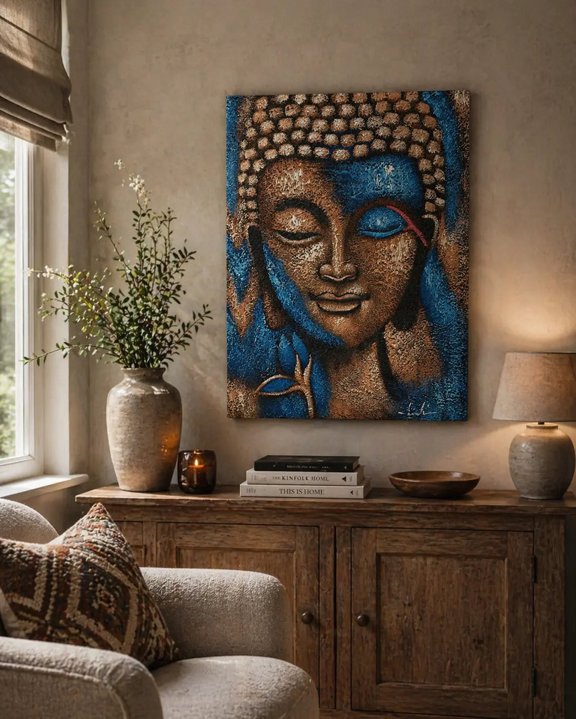 Buddha Painting - Bronze & Blue Flower 75x55cm hanging on a beige wall above a wooden sideboard, with a ceramic vase, books, and a lamp in a cozy living room setting.