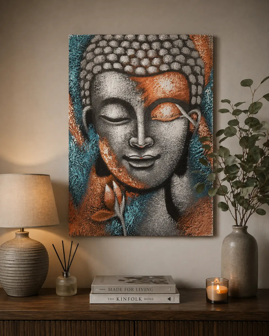 Buddha Painting - Silver & Rose Gold Flower 75x55cm showcasing a serene Buddha face with textured silver and rose gold accents, accented by blue and orange hues, displayed above a wooden console with ambient decor.