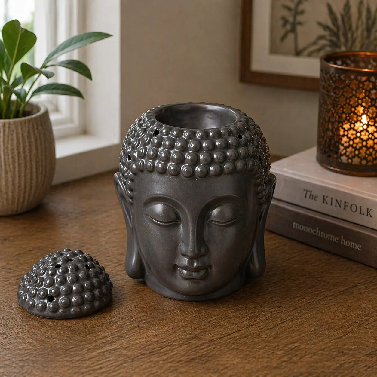 Buddah Head Oil Burner - Dark Brown resin Buddha head sculpture with serene facial expression, designed as a tabletop oil burner beside a small plant and ambient candlelight.