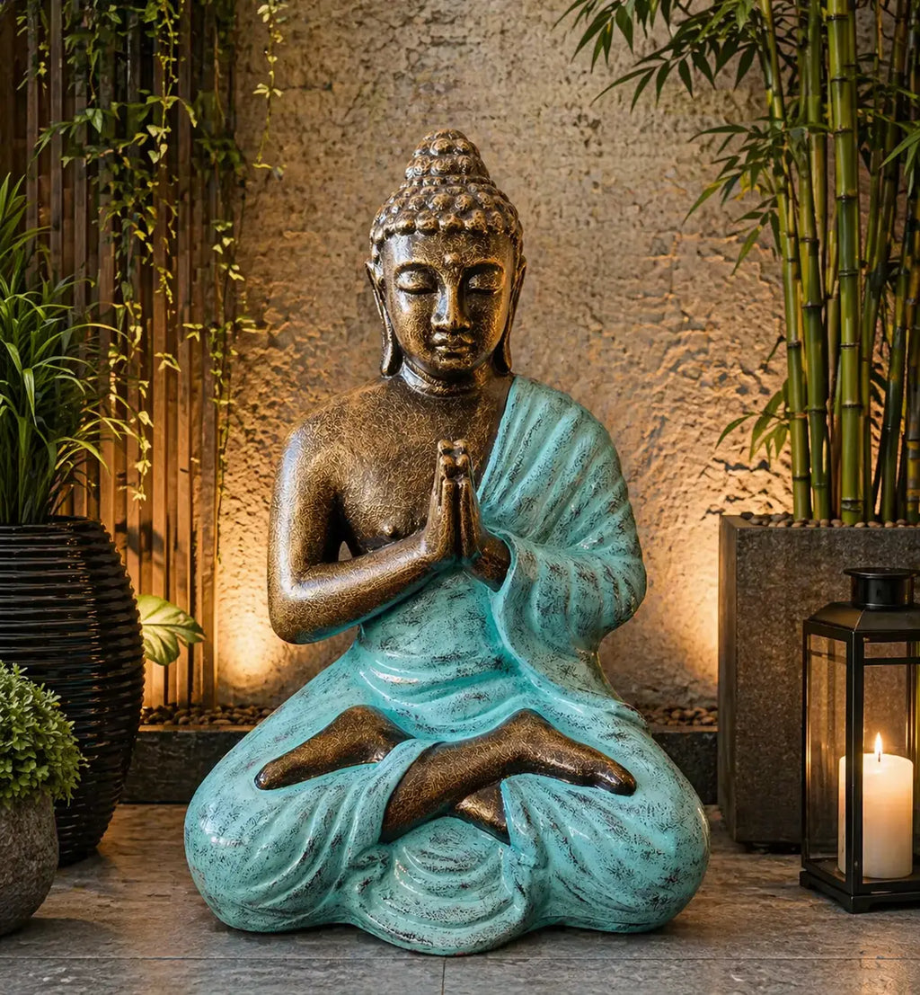 Med Large Turquoise & Gold Praying Buddha Statue - 1.2m Tall sitting in a meditative pose with hands in prayer, featuring a turquoise robe and gold accents, surrounded by plants and a candle lantern.