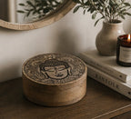 Big Round Box 17.5x7.5cm - Buddha Face Black Engraved decorative wooden round box with a detailed engraved Buddha face design, perfect for Buddha decor and meditation spaces.