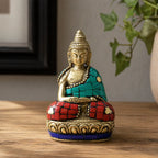 Brass Buddha Figure - Hands Up - 7.5 cm featuring intricate brass craftsmanship with colorful mosaic inlays in red and turquoise, sitting serenely on a lotus base as a decorative Buddha decor piece.