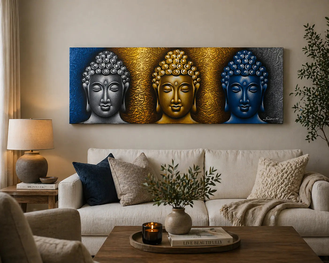 Buddha Painting - Three Heads Gold Detail featuring three serene Buddha faces in silver, gold, and blue tones, displayed above a cozy living room sofa with neutral decor.