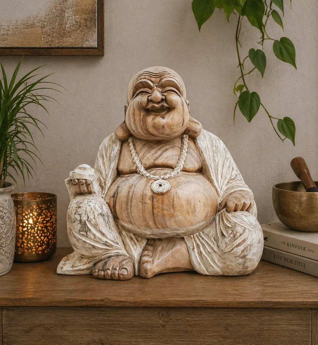 Happy Buddha - Whitewash 40cm hand carved resin statue with a joyful expression, seated pose, and whitewashed finish, styled as calming Buddha decor on wooden surface.