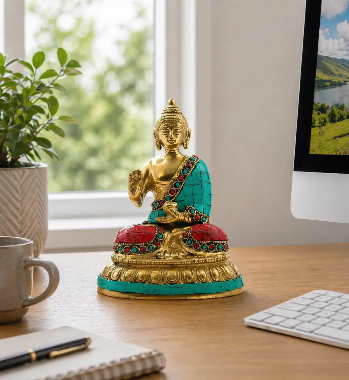 Brass Buddha Figure - Blessing - 15cm sitting on a wooden desk, adorned with turquoise and red detailing, bringing a serene and spiritual touch to a modern workspace.