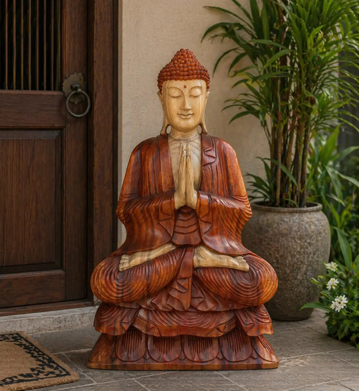 Hand Carved Buddha Statue - 80cm Welcome sitting peacefully with hands in prayer pose, beautifully crafted from rich wood, placed near a wooden door and green plants.