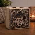 Small Square Box 10x10x4.2cm - Buddha Face Black Engraved wooden storage box featuring a detailed Buddha head design, ideal for Buddha decor and tabletop accents.