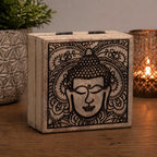 Small Square Box 10x10x4.2cm - Buddha Face Black Engraved wooden box with intricate Buddha head design, perfect for storing small items or as decorative Buddha decor.